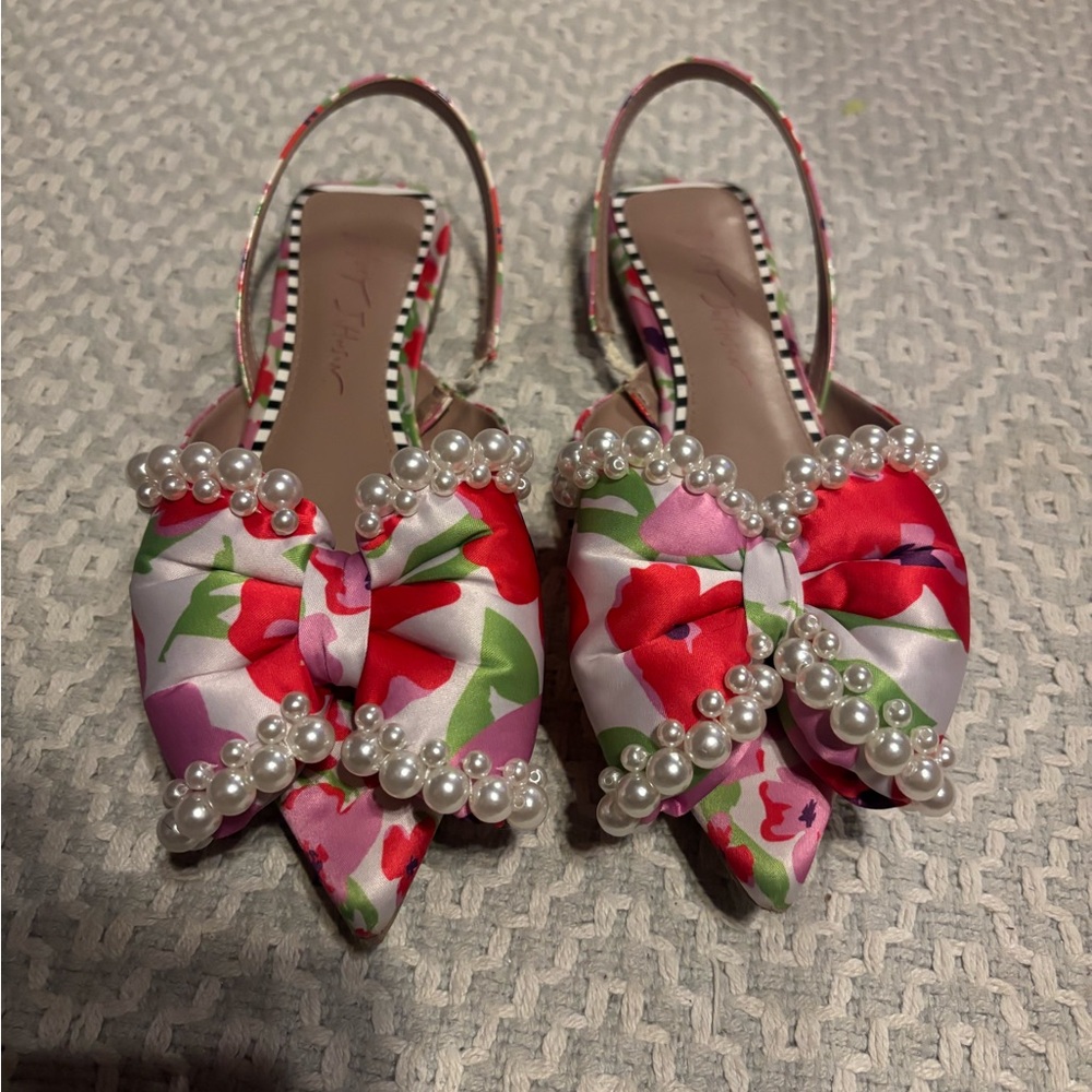 Floral Satin Slingback Heels with Pearls